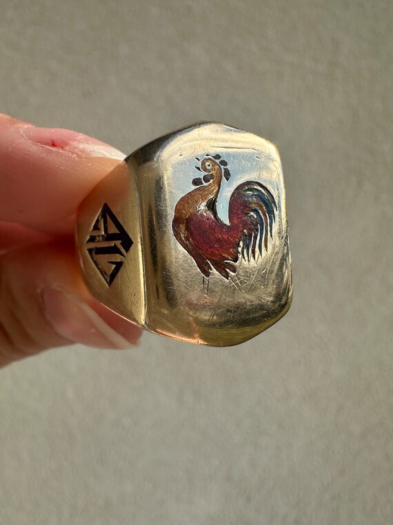 Antique Men’s Rooster Enamel Ring Gem