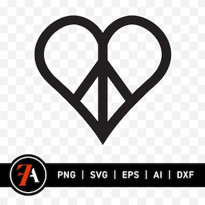 May include: Black and white peace sign inside a heart shape.