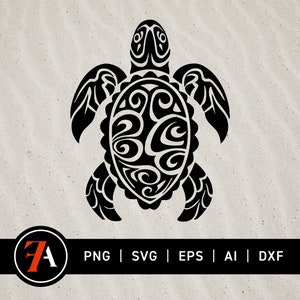 May include: Black and white silhouette of a stylized turtle with intricate patterns on its shell. The turtle is facing forward with its head raised.