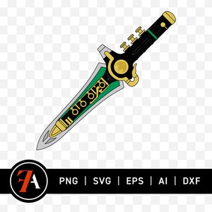 Puede incluir: Una daga verde y negra con detalles dorados y un mango negro. La hoja tiene un diseño de notas musicales y una punta dorada.