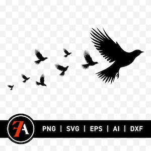 May include: Silhouette of a flock of birds in flight. A large bird leads the flock, with smaller birds flying behind it. The birds are all black and are flying against a white background.
