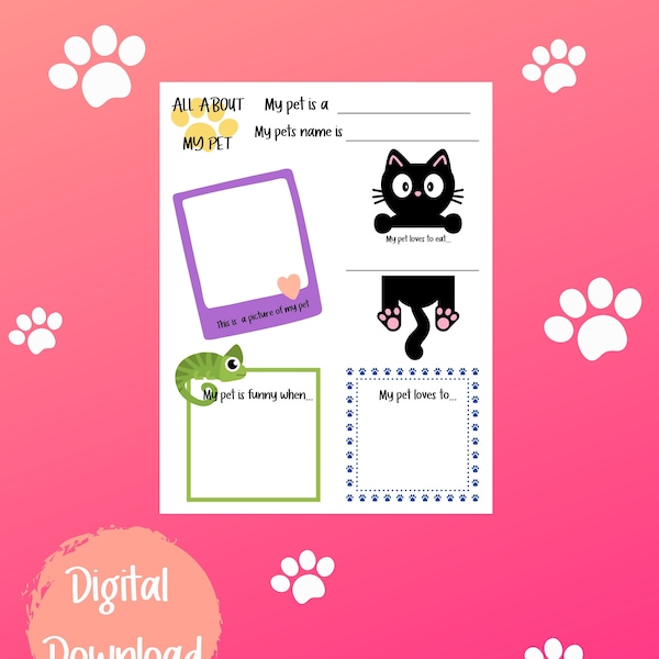Printable All About My Pet Worksheet, Pre-K, Kindergarten, Pet Theme, Show and Tell Kids Pet Activity, Fun Elementary School Worksheet