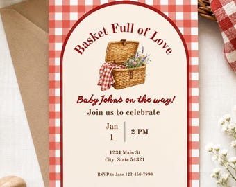 Basket Full of Love Picnic Themed Baby Shower Invitation Digital Download Canva Template