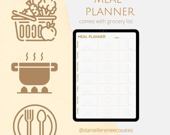 Meal Planner and grocery list, meal planner printable, meal planner weekly, weekly meal planner with grocery list for iPad