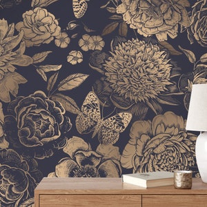 Removable Fabric Wallpaper Temporary Wallpape flowers peonies , peel and stick roses and butterflies Self-adhesive kids Room art