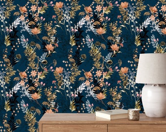 Dark colorful floral Removable Fabric Wallpaper Temporary Wallpape flowers and leaves, peel and stick Self-adhesive, modern art decor
