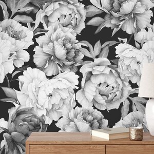 Removable Fabric Wallpaper Temporary Wallpaper watercolor peonies , peel and stick black background floral Self-adhesive kids nursery Room