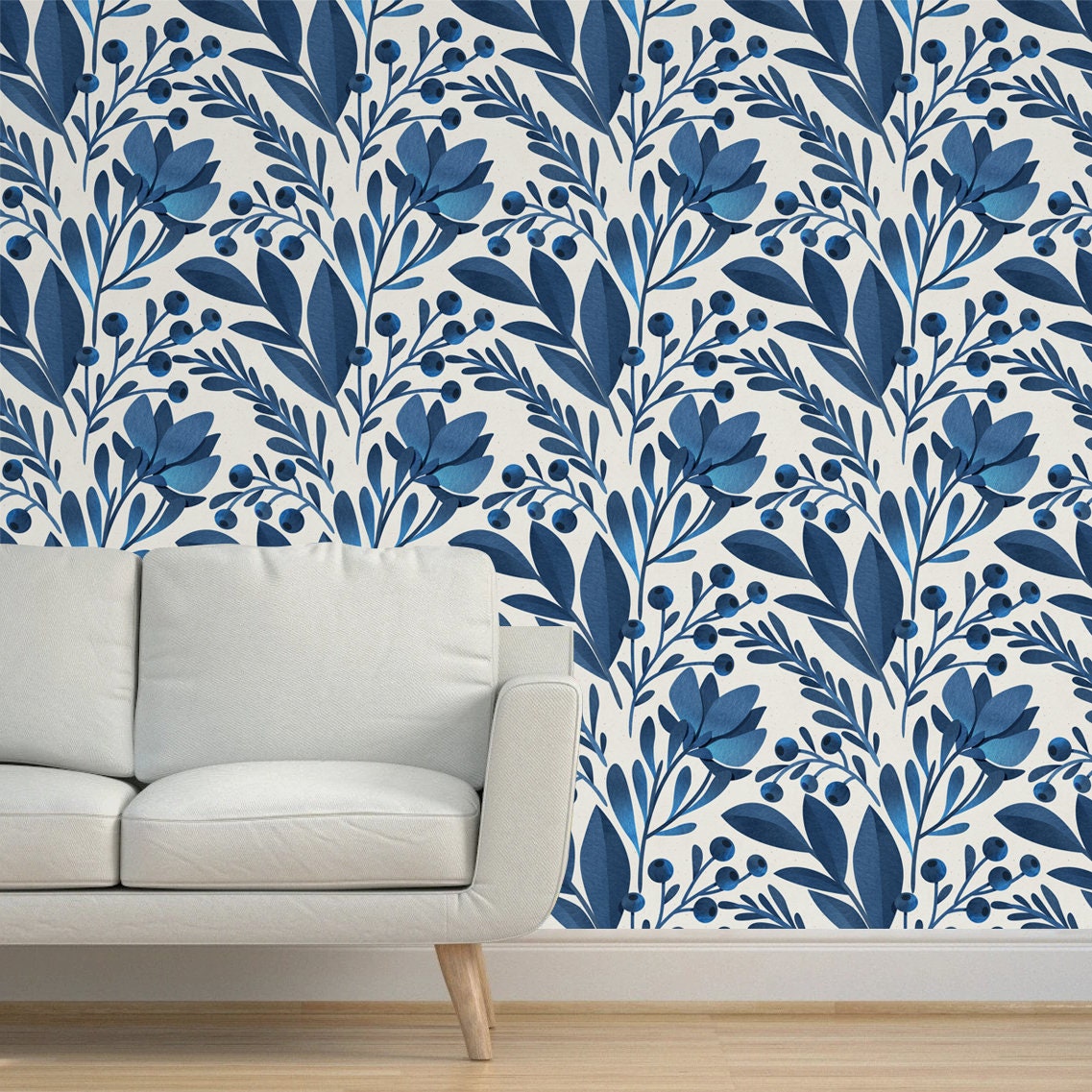 Removable Fabric Wallpaper Temporary Wallpaper Blue Flowers and Leaves ...