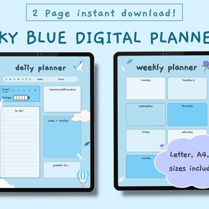 Cute Blue Digital Planner Sheets, Kawaii Blue Daily Planner, Cute ...