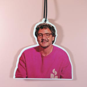May include: A die-cut air freshener featuring a smiling person wearing glasses and a pink sweater. The air freshener is hanging from a black string against a pink background. The sweater has a white logo.