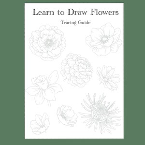 May include: A printable tracing guide for learning to draw flowers. The guide features nine different flower outlines, including a daffodil, anemone, and a daisy.