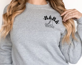 May include: Gray sweatshirt with a black graphic of an ice skate and the word "MAMA" in a retro font.
