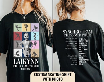 May include: Black t-shirt with a photo of a young girl in a skating outfit and the text "Laikynn The Comp Tour 2023-2024". The back of the shirt has the text "Synchro Team The Comp Tour" with a list of names and locations.