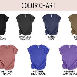 May include: Color chart showing different t-shirt colors, including solid black blend, dark grey heather, heather navy, heather olive, heather mauve, heather true royal, and heather team purple.