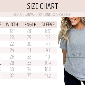 May include: Size chart for a unisex jersey tee, showing width, length, and sleeve measurements in inches for sizes S through 5XL.