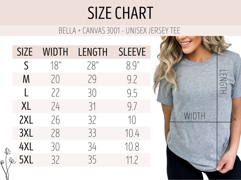 May include: Size chart for a unisex jersey tee, showing width, length, and sleeve measurements in inches for sizes S through 5XL.