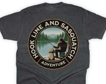 Hook Line and Sasquatch : Poodle Adventures Unisex Shirt - Camping and Fishing Gifts for Doodle Dog Mom & Dad - Bigfoot Hiking in Nature