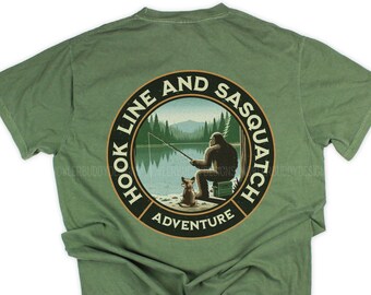 Hook Line and Sasquatch : Chihuahua Adventures Unisex Shirt - Camping and Fishing Gifts for Dog Mom & Dad - Bigfoot Hiking in Nature