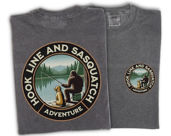Hook Line and Sasquatch : Golden Retriever Adventures Unisex Shirt - Camping and Fishing Gifts for Dog Mom & Dad - Bigfoot Hiking in Nature