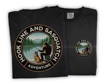Hook Line and Sasquatch : Welsh Corgi Adventures Unisex Shirt - Camping and Fishing Gifts for Dog Mom & Dad - Bigfoot Hiking in Nature