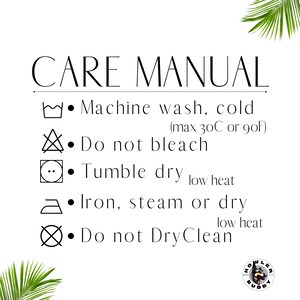 May include: White care manual with black text and symbols. Instructions include machine wash cold, do not bleach, tumble dry low heat, iron or steam, and do not dry clean. The Howler Buddy logo is in the bottom right corner.