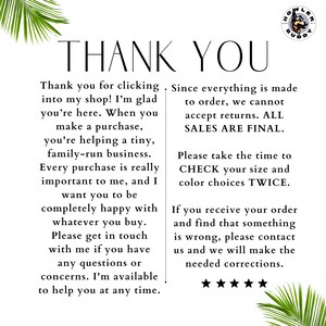May include: White background with the words "THANK YOU" in large, bold letters. Text below expresses gratitude for purchases, emphasizes family-run business, and provides customer service contact information. Includes a logo and palm frond accents.
