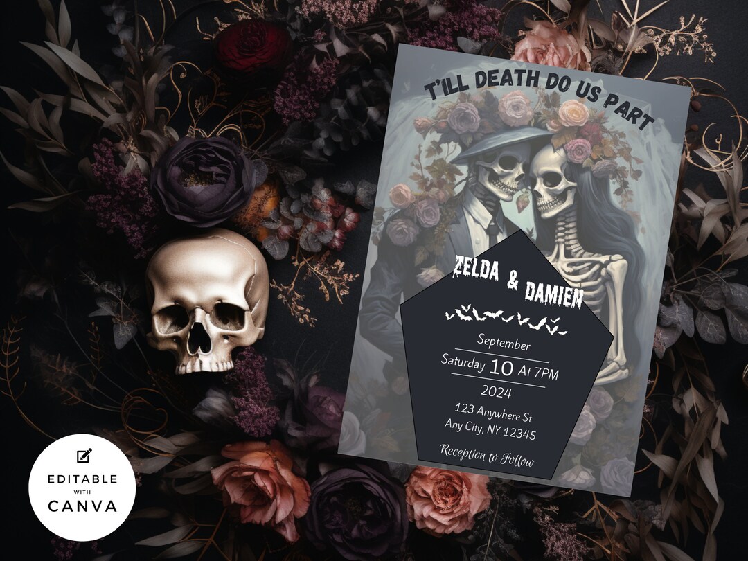 Halloween Theme Wedding Invitation, Skeleton Bride and Groom, Editable ...