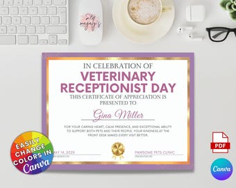 Certificato di apprezzamento per la receptionist veterinaria / Modello Canva modificabile per clinica veterinaria / Premio per il personale della reception veterinaria / PDF stampabile