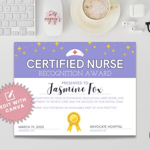 Plantilla de premio para enfermeras certificadas / Certificado editable en Canva / Día nacional de reconocimiento de enfermeras certificadas / Tamaño de carta de EE. UU. / Eventos de enfermería