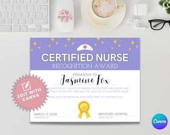 Certified Nurses Award Template | Editable Canva Certificate | National Certified Nurses Recognition Day | US Letter Size | Nursing Events
