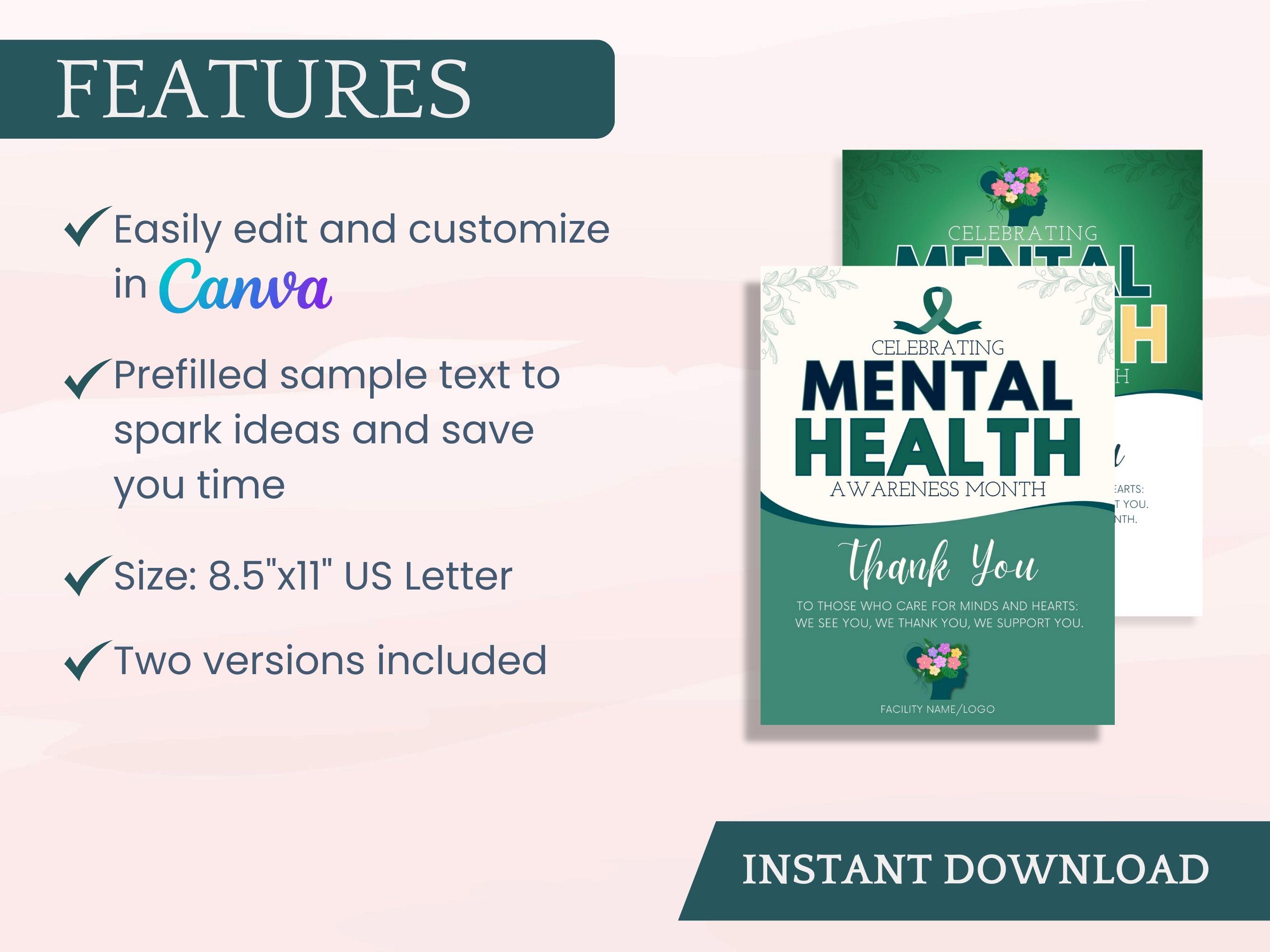 Mental Health Awareness Month Flyer Canva Template | Editable Thank You ...