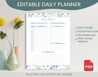 Digital Daily Planner Printable with Eucalyptus Design – To-Do List, Hourly Schedule, and Priorities | PDF Download for Tablet or Paper Use