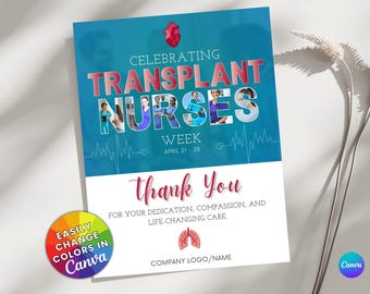 Transplant Nurses Week Flyer | Nurse Appreciation Printable | Editable Canva Template | Health Staff Hospital & Medical Staff Thank You Sign