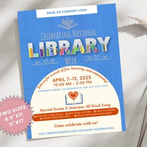 Può includere: Un volantino blu e bianco che annuncia la Settimana Nazionale della Biblioteca, dal 7 al 13 aprile 2025, presso la Biblioteca Marquette. Il volantino presenta un'illustrazione colorata di libri impilati e il testo "Celebrazione della Settimana Nazionale della Biblioteca".