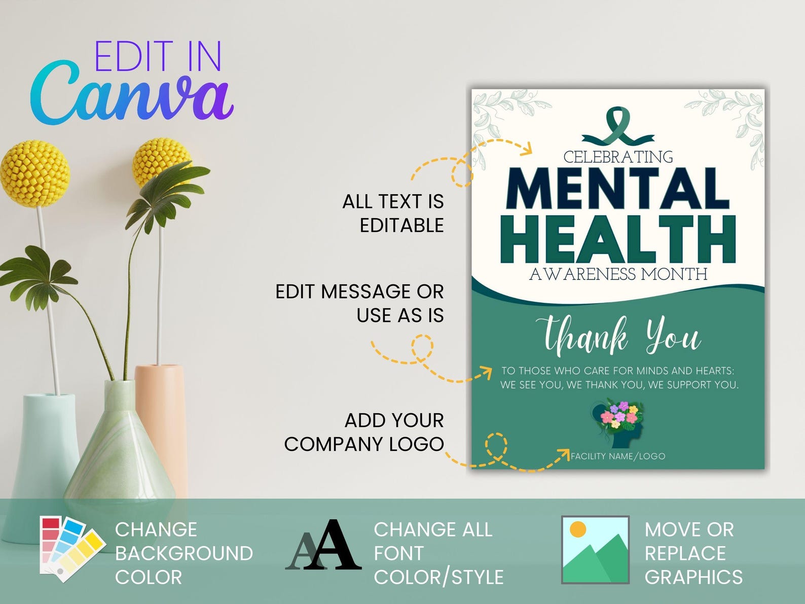 Mental Health Awareness Month Flyer Canva Template | Editable Thank You ...