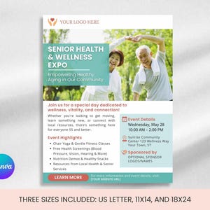 Senior Health Fair Flyer Template | Community Event Poster | Senior Health & Fitness Day Canva Editable | Wellness Expo | 8.5x11 | 18x24