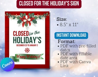 Closed for Holiday’s Company Sign | Christmas Theme | Business Hours | Customizable Template