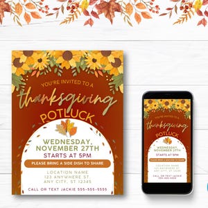 Thanksgiving Potluck Flyer Template – Editable Canva Invitation for Thanksgiving Dinner Party or Friendsgiving | 8.5x11 & Mobile