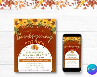 Thanksgiving Potluck Flyer Template – Editable Canva Invitation for Thanksgiving Dinner Party or Friendsgiving | 8.5x11 & Mobile