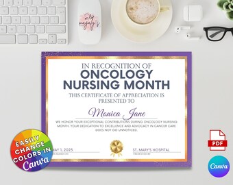 Certificate of Recognition Oncology Nurse | Oncology Nursing Awareness Month | Printable Nurse Award | Nurse Gift | Editable Canva Template