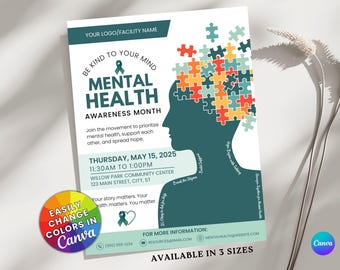 Mental Health Awareness Month Poster | Printable Canva Template | Editable Wellness Flyer | Green Ribbon Design | Mental Health Month