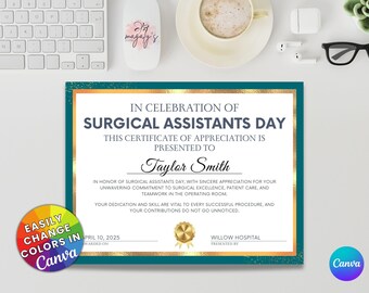 Surgical Assistants Week Editable Certificate | Recognition Template for Surgical Teams | Canva | Printable Recognition for Surgical Teams