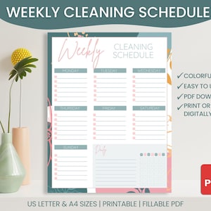May include: Printable weekly cleaning schedule with a colourful floral design. The schedule includes a daily section and a section for each day of the week. The text "Weekly Cleaning Schedule" is at the top of the page. The text "PDF" is in a red box at the bottom right corner of the page.