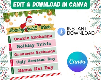 Holiday Spirit Week Template | Christmas Events Flyer | Fun Holiday Events for Work or School | PDF Download and Canva Link to Template