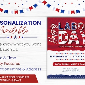 May include: A red, white, and blue Labor Day party invitation with a ripped paper design. The text reads "Happy Labor Day" with a red, white, and blue American flag design. The invitation includes the date, time, and details about the party, including food, drinks, music, and games. The location name and address are also included.