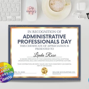 Certificato di riconoscimento per professionisti amministrativi / Modello Canva / Apprezzamento dei dipendenti / Certificato di riconoscimento del personale d'ufficio