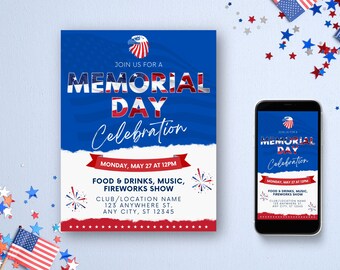 Memorial Day Flyer Template | Red, White, and Blue | Memorial Day Party Invitation | Canva Editable Template | Social Media Flyer