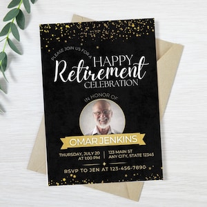 Invitation à une fête de départ en retraite avec photo | Toile modifiable | Imprimable et numérique | Célébration de la retraite d'un collègue, d'un patron ou d'un enseignant