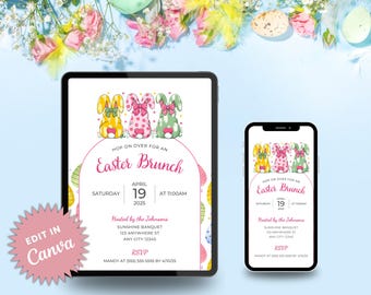 Easter Brunch Canva Invitation | Editable Easter Invite | Minimalistic Bunny Design | Happy Easter | Cute Bunnies | Printable