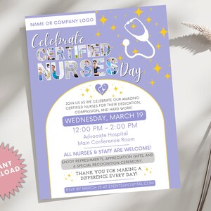 May include: A purple invitation with gold stars and a stethoscope graphic. It reads "Celebrate Certified Nurses Day" and includes details for a nurses appreciation event on Wednesday, 19th March at Advocate Hospital.